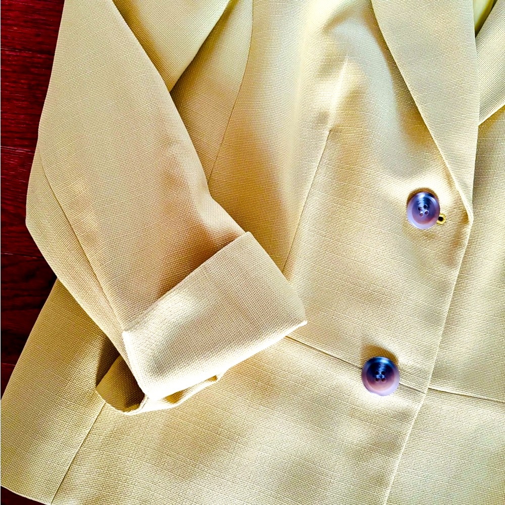 LeSuit, two piece skirt suit celadon color jacket with tan skirt. Worn once.